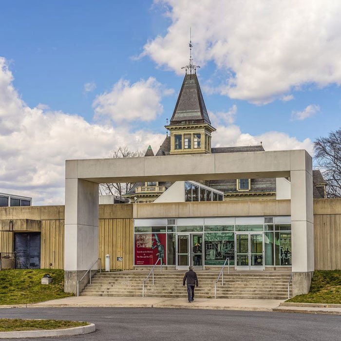 Hudson River Museum entrance with steps and historic building in Yonkers, NY